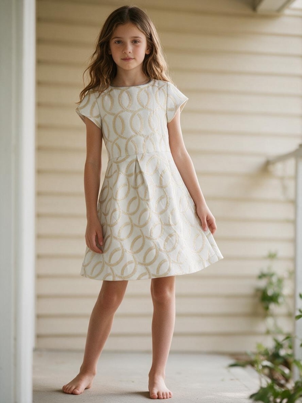 Crewcuts Girls' White Dress with Gold Ring Pattern - Elegant Party Dress